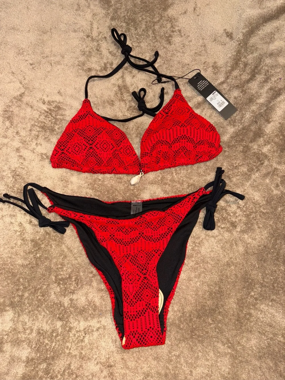 Red Crochet Triangle Bikini Set with Black Accents